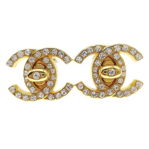 Chanel CC Turnlock Rhinestone Earrings Clip-On Gold Small 96A 98955 - Picture 1 of 4